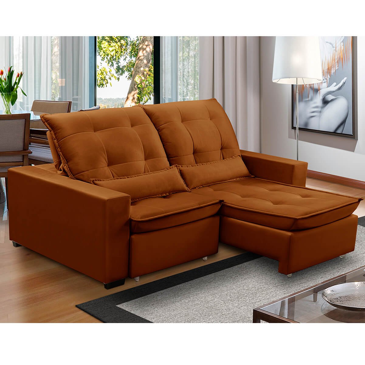 Sofa Retratil Reclinavel 2 Lugares 1,90m Atlantis Veludo Laranjado Lansofbr Lansof Brasil