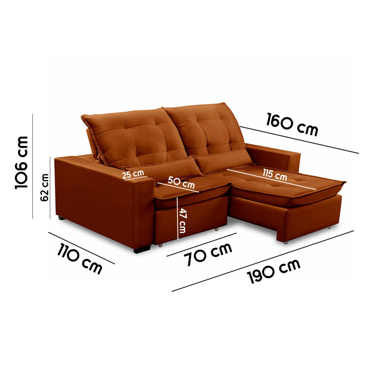 Sofa Retratil Reclinavel 2 Lugares 1,90m Atlantis Veludo Laranjado Lansofbr Lansof Brasil - 7