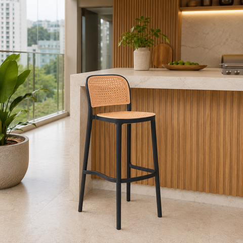 Banqueta Alta com Encosto 104 cm Lia Preto/Caramelo