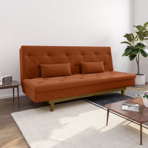 Sofá Cama 3 Lugares em Suede Tokio Yescasa Laranja/Castanho