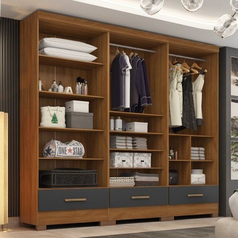 Closet Modulado 3 Peças 3 Gavetas Smart Versatile Espresso Móveis Bege/Cinamomo/Chumbo