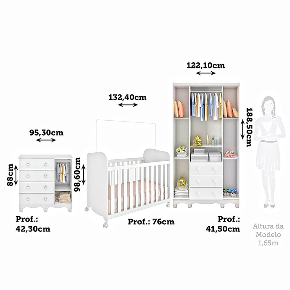 Quarto de Bebê Completo Guarda Roupas Cômoda 3 Portas Janeladas e Berço com Rodizio 100% Mdf Lana Es - 4