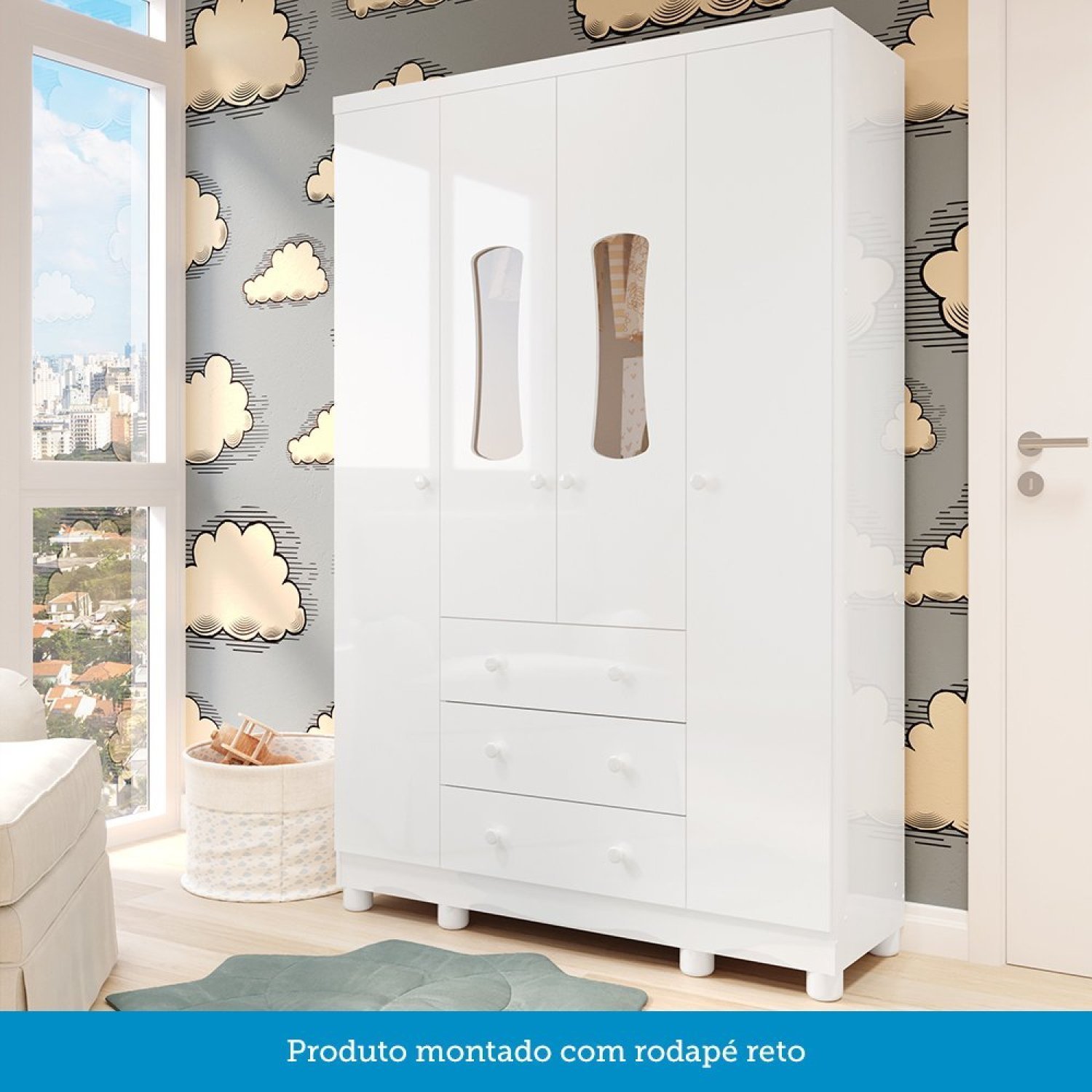 Quarto de Bebê Completo Guarda Roupas Cômoda 3 Portas Janeladas e Berço com Rodizio 100% Mdf Lana Es - 7