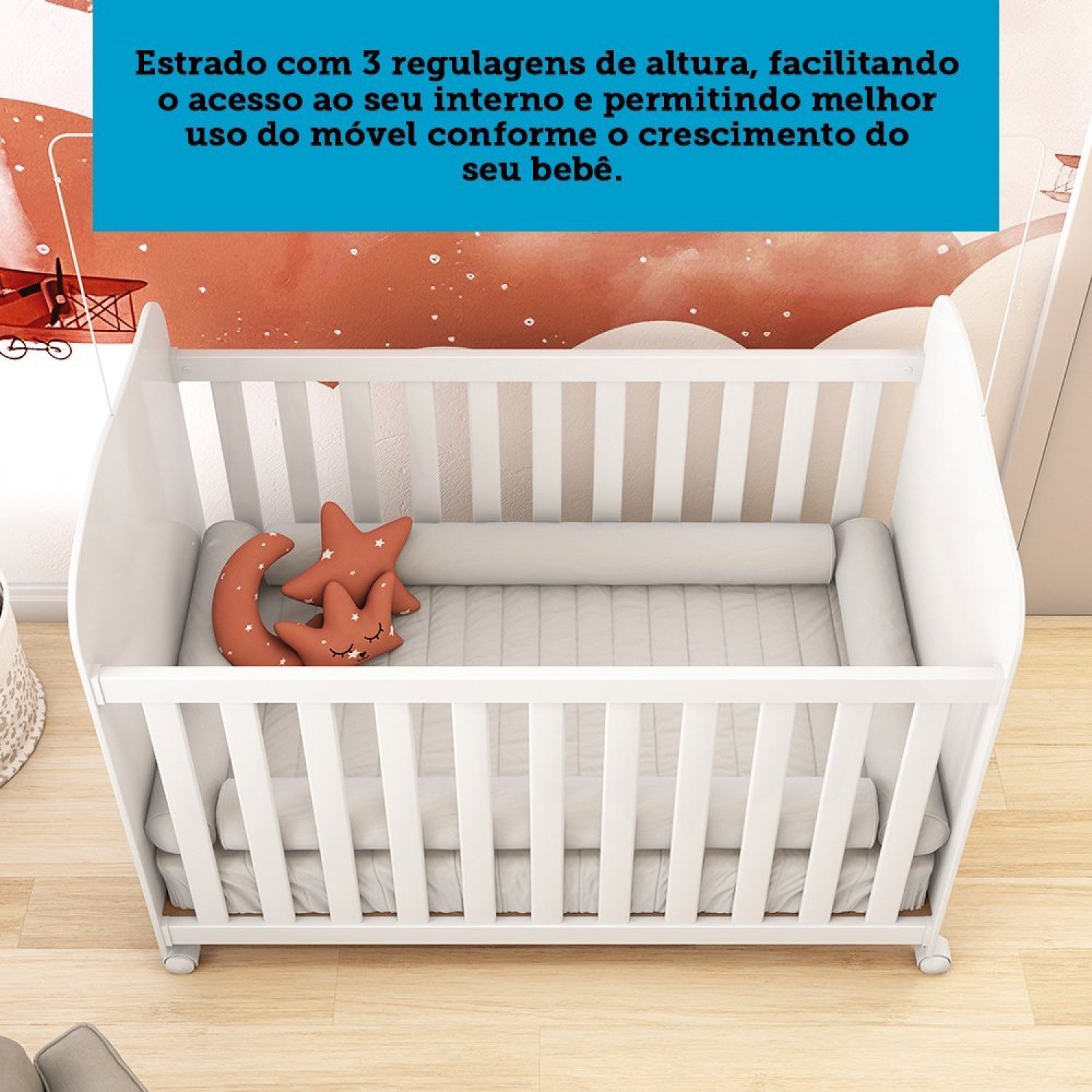 Quarto de Bebê Completo Guarda Roupas Cômoda 3 Portas Janeladas e Berço com Rodizio 100% Mdf Lana Es - 11