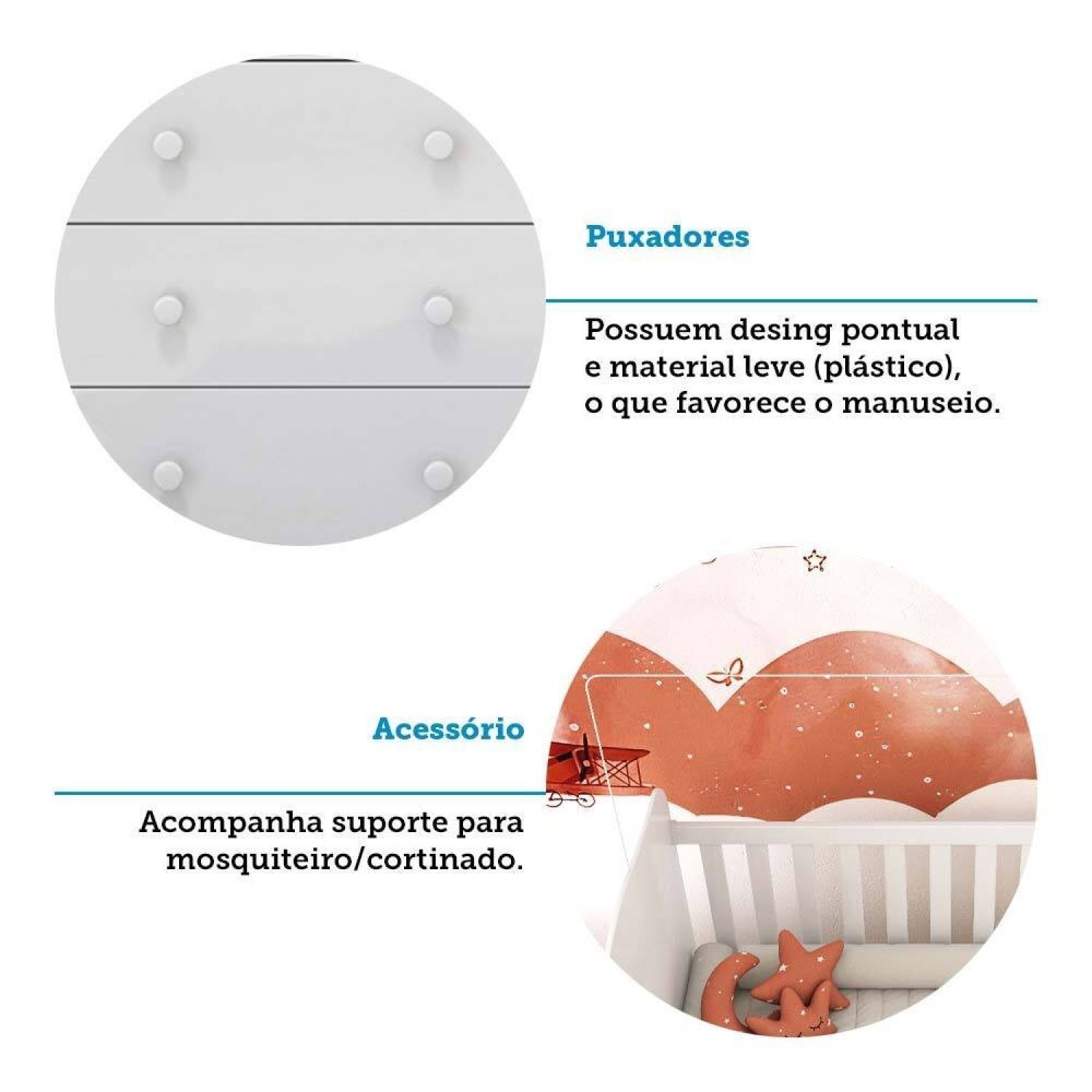 Quarto de Bebê Completo Guarda Roupas Cômoda 3 Portas Janeladas e Berço com Rodizio 100% Mdf Lana Es - 12