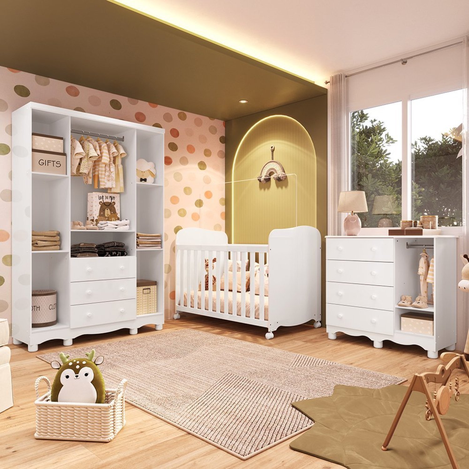 Quarto de Bebê Completo Guarda Roupas Cômoda 3 Portas Janeladas e Berço com Rodizio 100% Mdf Lana Es - 2