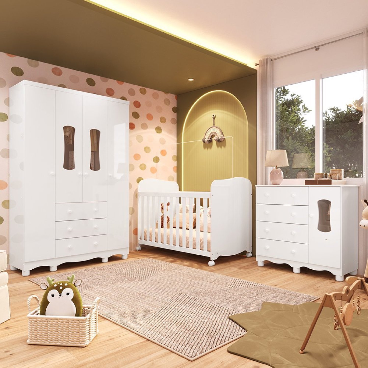 Quarto de Bebê Completo Guarda Roupas Cômoda 3 Portas Janeladas e Berço com Rodizio 100% Mdf Lana Es