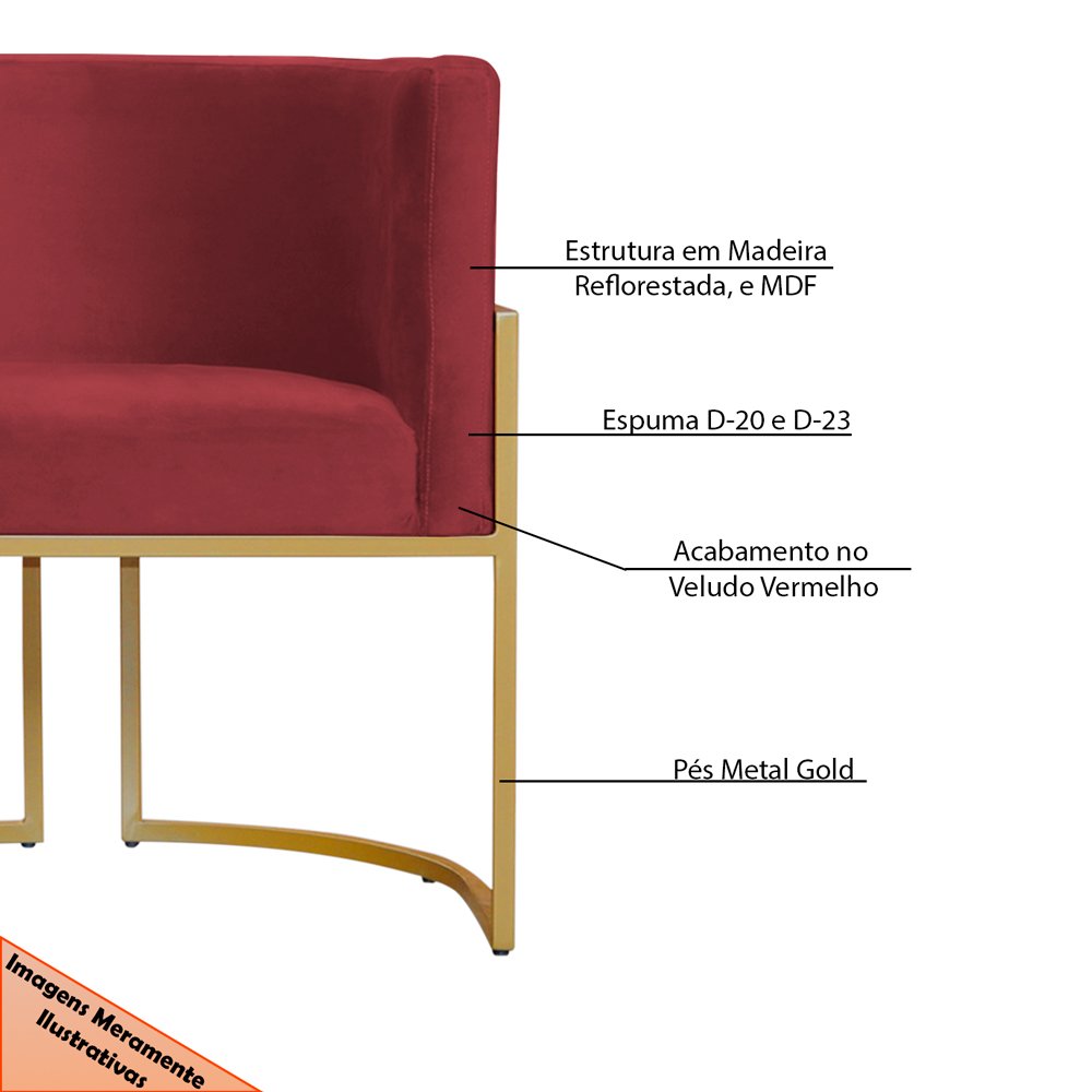 Poltrona Decorativa Sala de Estar Luana Base Gold Veludo Vermelho - Montanaris Decor Md Montanaris D - 5