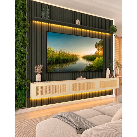 Conjunto Módulo Home Painel Ripado Nicho Suspenso Palina 230 Cor:Offwhite/Grafite