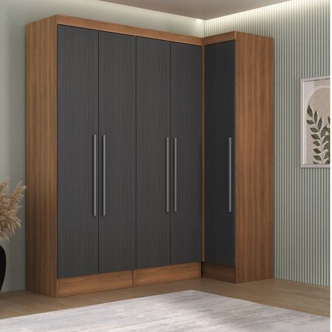 Conjunto de Guarda-Roupa Modulado 5 Portas 4 Gavetas 2 Peças Viena Yescasa Marrom/Nogal/Grafite
