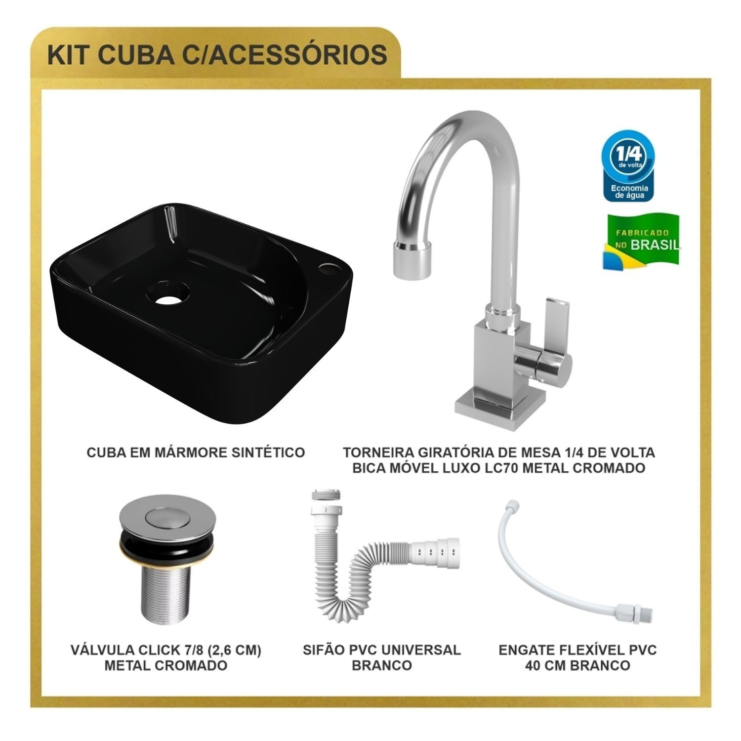 Kit Cuba Ro36 Cross com Torneira Luxo e Válvula Botão com Sifão e Flexível - 10