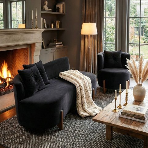 Conjunto 01 Poltrona + Sofá Curvo Orgânico Luna Veludo Preto - Montanaris Decor