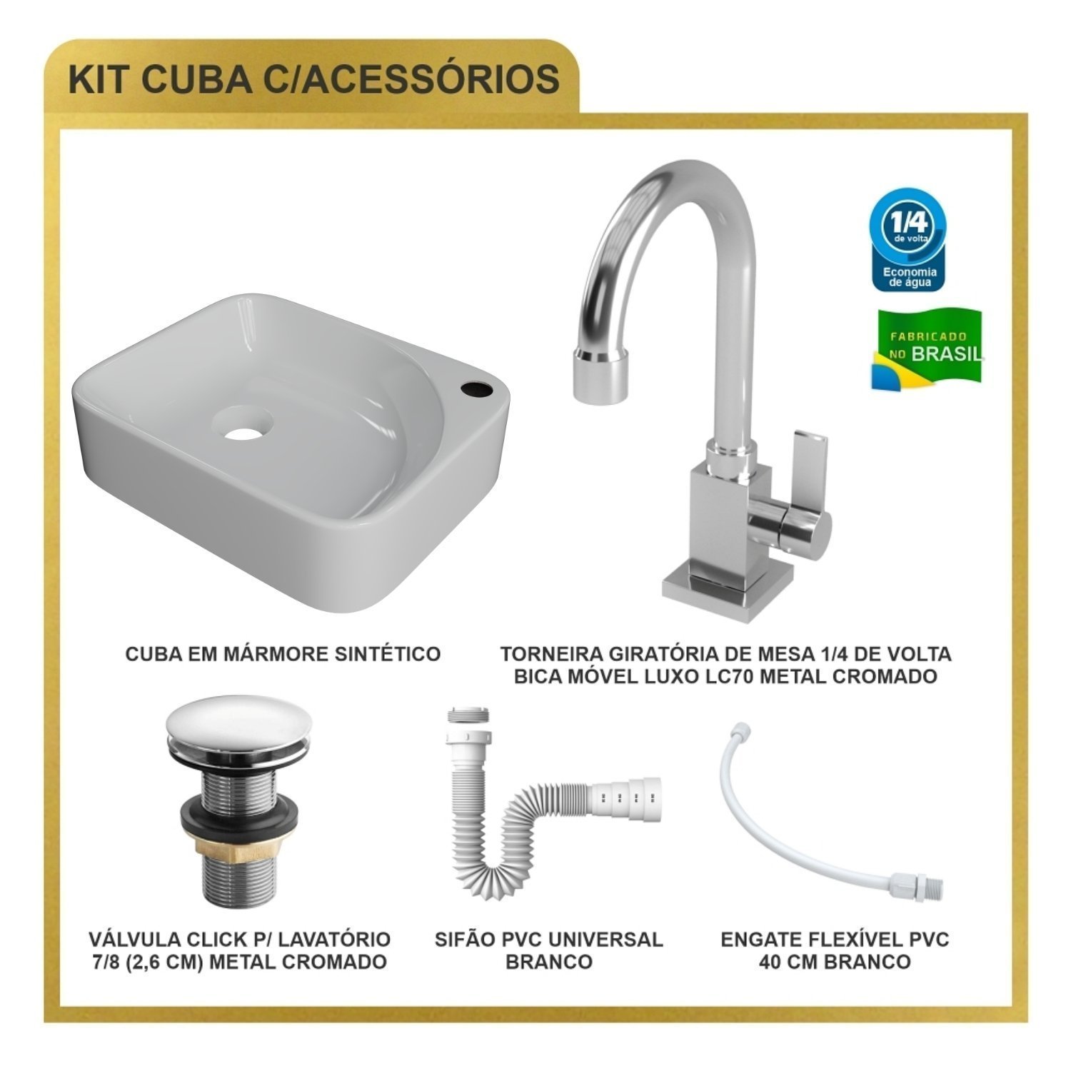 Kit Cuba Ro36 Cross com Torneira Luxo e Válvula Click com Sifão e Flexível - 10