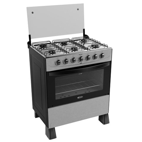 Fogão a Gás Delicato 6 Bocas com Forno 84 Litros Mesa em Aço Inox com Tampa de Vidro Clarice