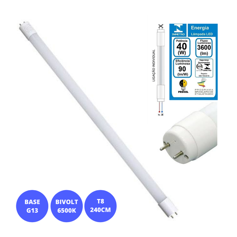 Lampada Led 40w Tubular T8 240cm Inmetro Branco Frio 6500k Bivolt