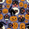 Papel de Parede gatos assustadores vintage e abóboras de halloween em fundo roxo. - 1