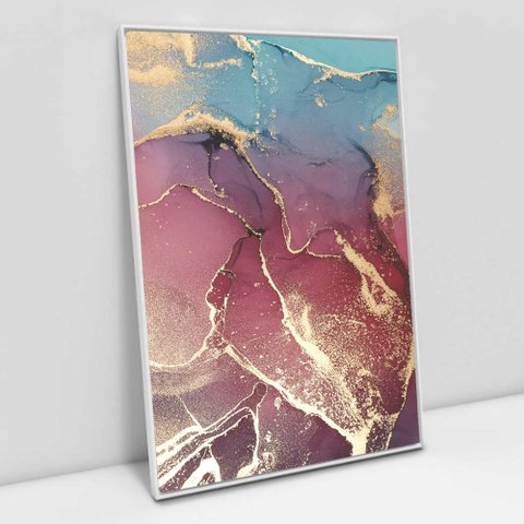 Quadro Decorativo em Canvas Abstrato Mármore Rosa e Azul Perolado TaColado Moldura Flutuante 4,5cm B