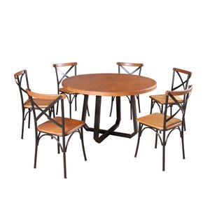Mesa Jantar Redonda Madeira Maciça Clarisse 1,30m com 6 Cadeiras Paris Base Alumínio - Castanho