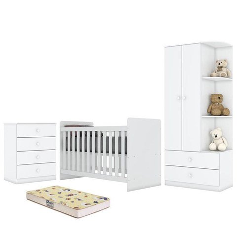 Dormitório Infantil Labirinto com Guarda Roupa, Cômoda, Berço Branco Brilho e Colchão - Móveis Henn
