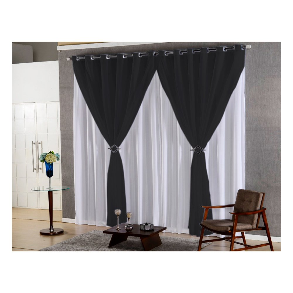 cortina quarto voal liso preto com forro branco 4,00x2,80