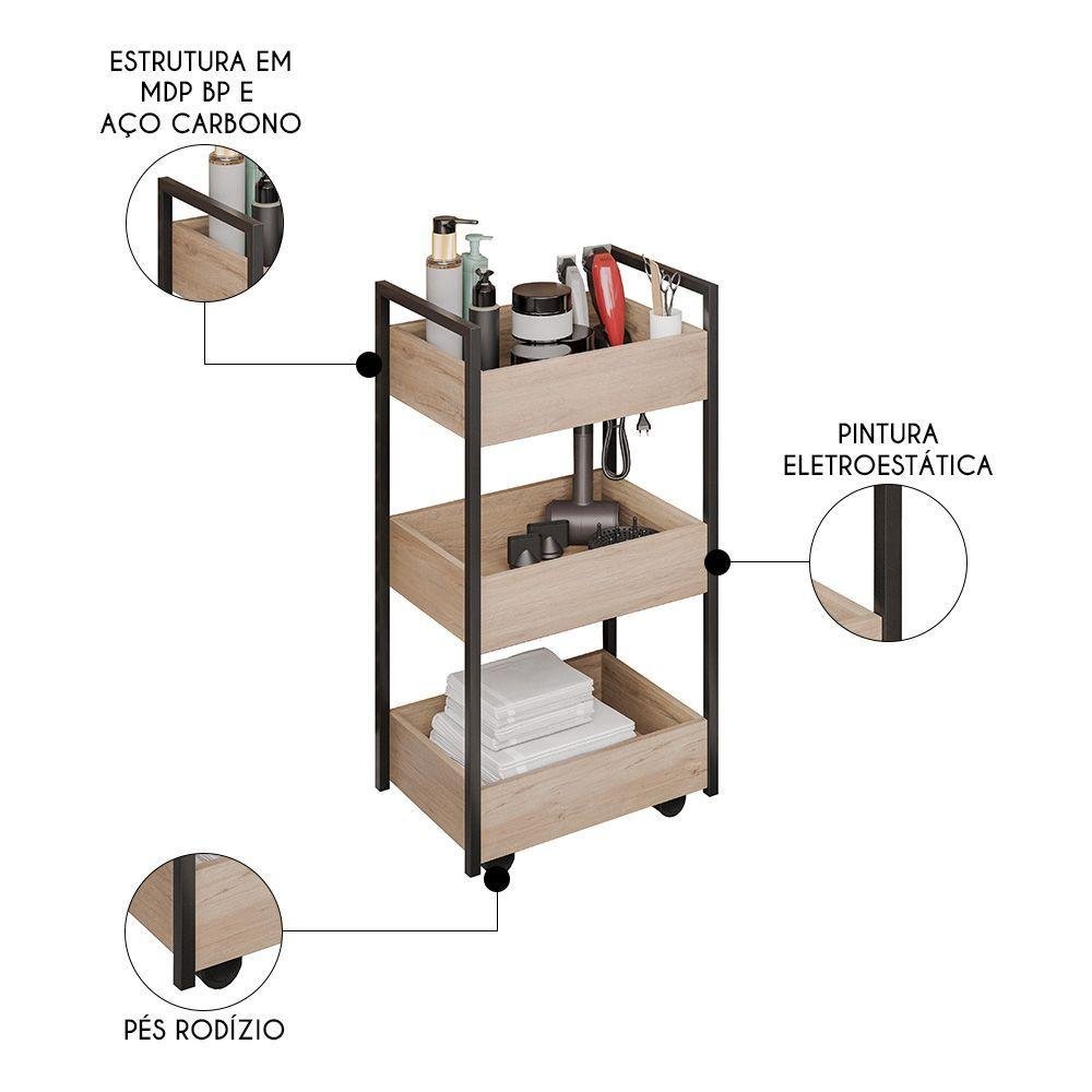 Carrinho Auxiliar para Salão de Beleza Industrial Liss M24 Freijó/preto - Mpozenato - 6