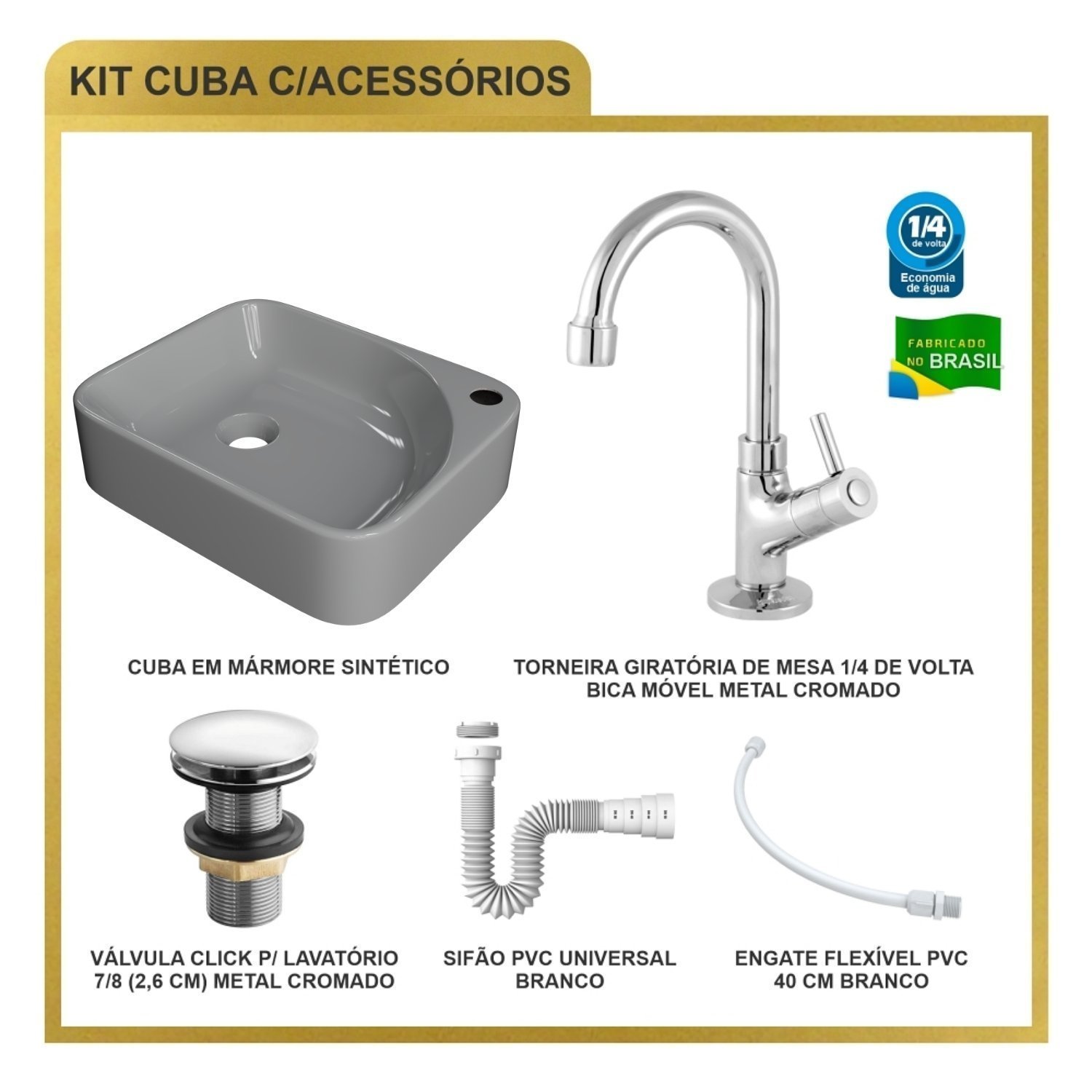 Kit Cuba Ro36 Cross com Torneira 1198 e Válvula Click com Sifão e Flexível - 10