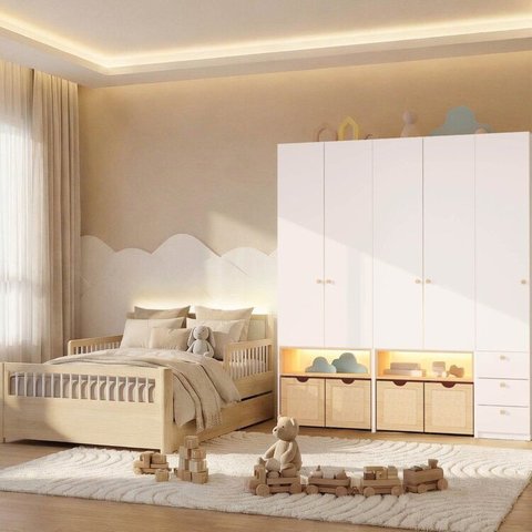 Guarda-Roupa Modulado e Bicama Casal Reversível Infantil Wave Casatema MadeiraOriginals Branco/Marrom