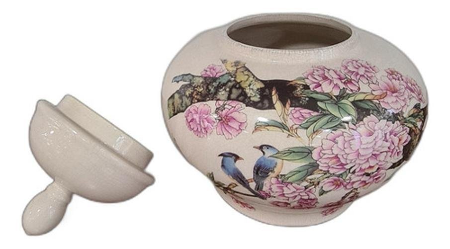 Vaso Decorativo Cerâmica Bege Floral Pássaros 27 X 25 - 3