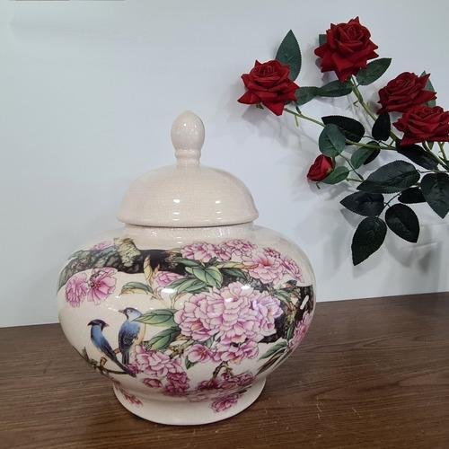 Vaso Decorativo Cerâmica Bege Floral Pássaros 27 X 25 - 5