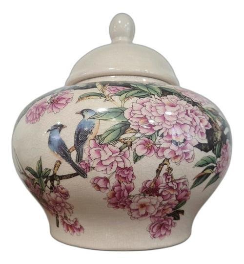 Vaso Decorativo Cerâmica Bege Floral Pássaros 27 X 25