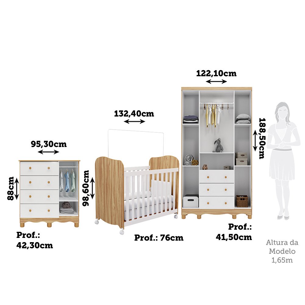 Quarto de Bebê Completo Guarda Roupas Cômoda 3 Portas Janeladas e Berço com Rodizio 100% Mdf Lana Es - 4