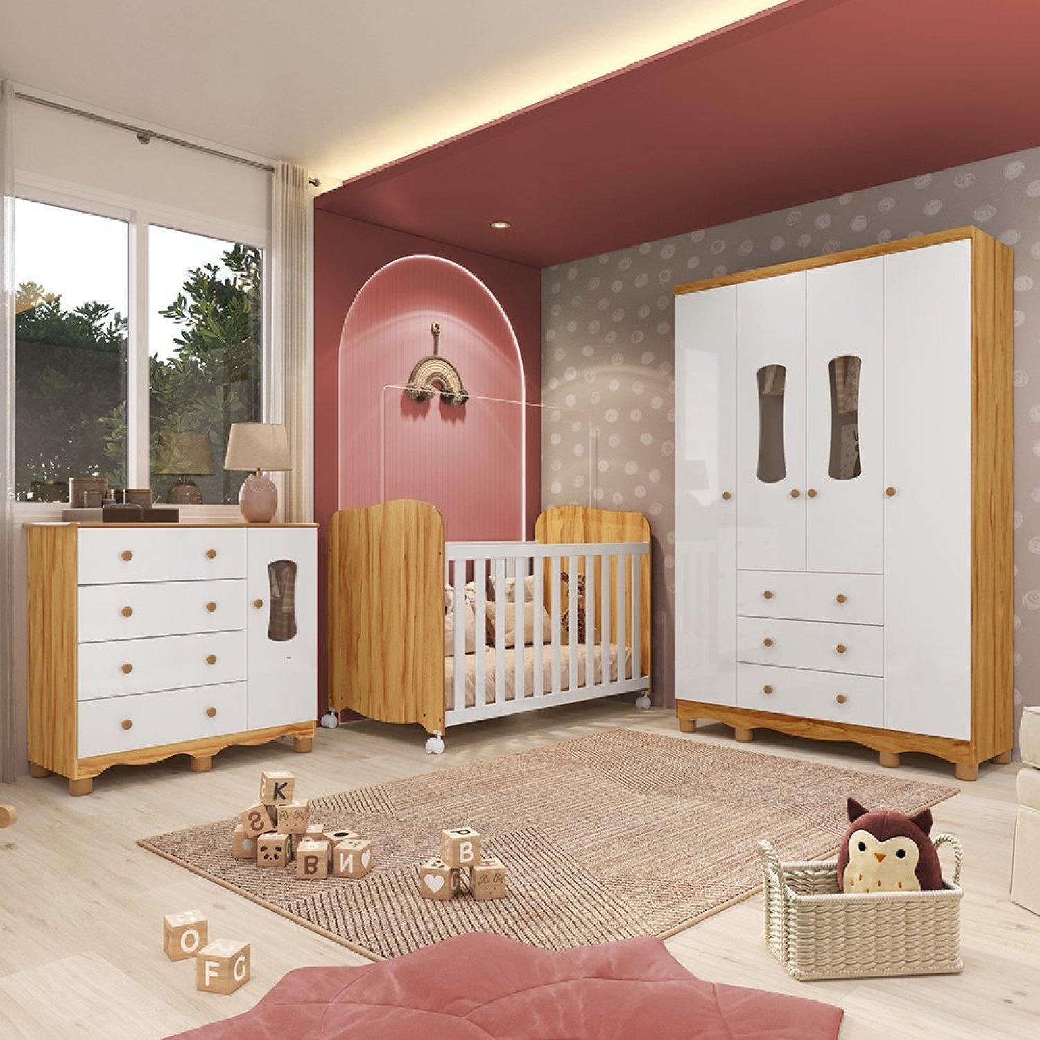 Quarto de Bebê Completo Guarda Roupas Cômoda 3 Portas Janeladas e Berço com Rodizio 100% Mdf Lana Es