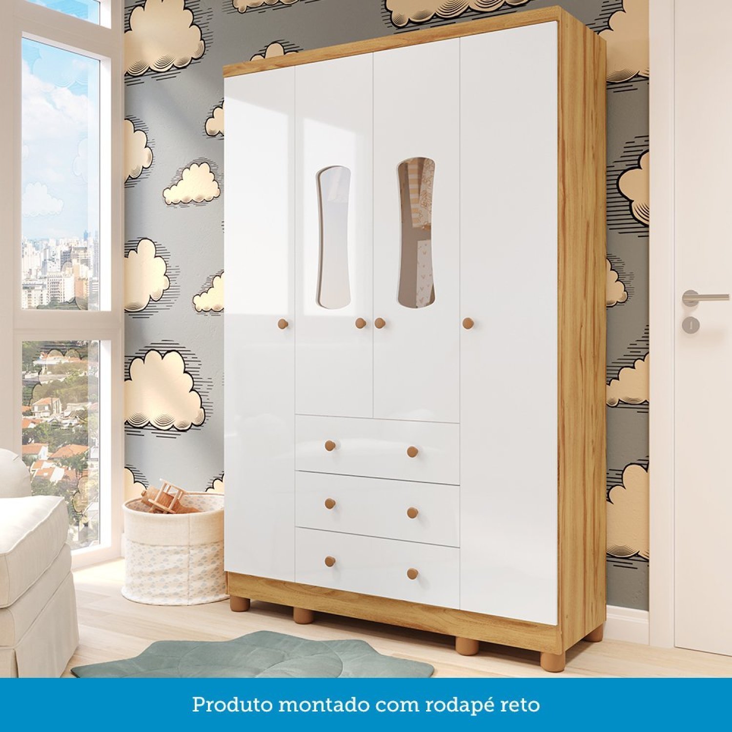 Quarto de Bebê Completo Guarda Roupas Cômoda 3 Portas Janeladas e Berço com Rodizio 100% Mdf Lana Es - 7