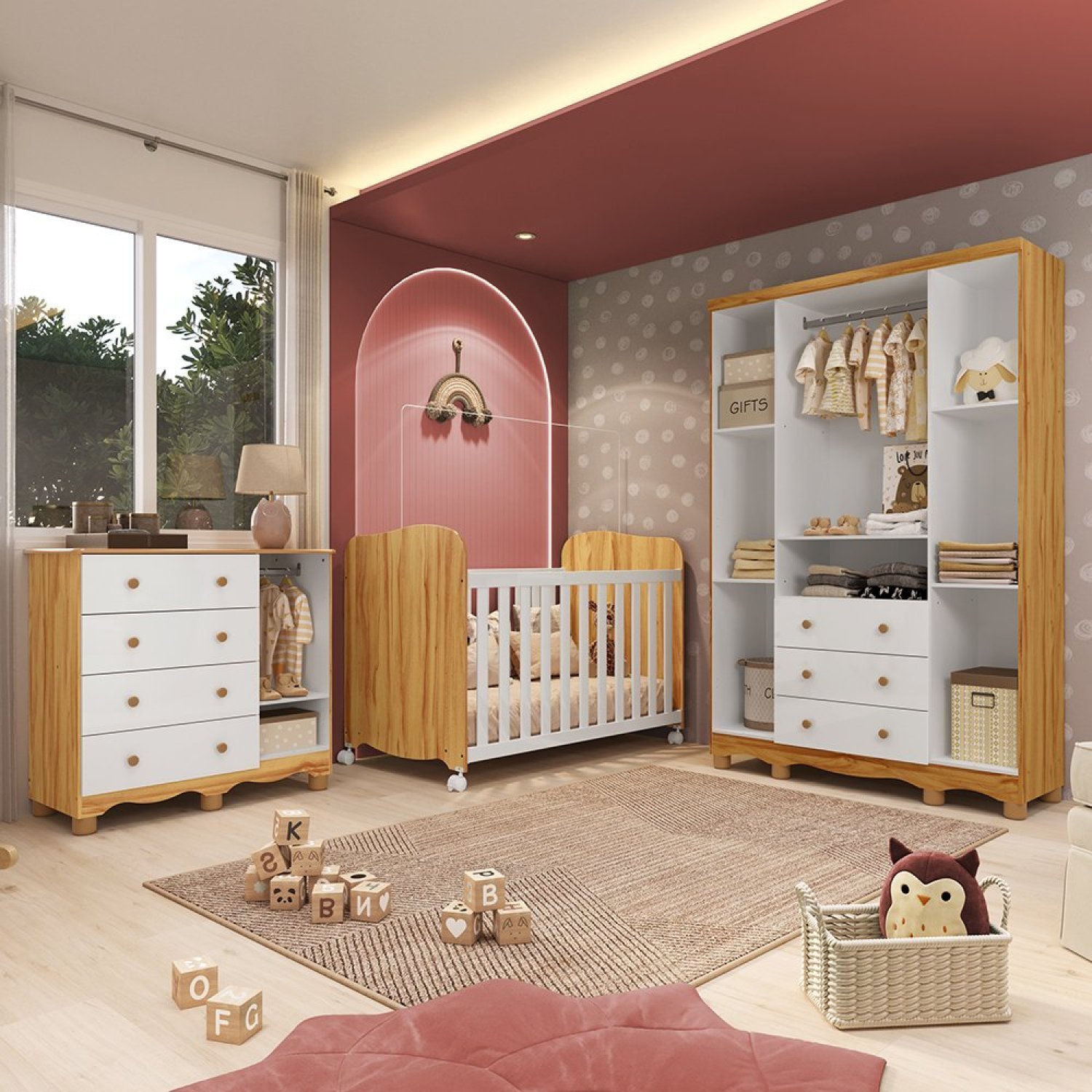 Quarto de Bebê Completo Guarda Roupas Cômoda 3 Portas Janeladas e Berço com Rodizio 100% Mdf Lana Es - 2