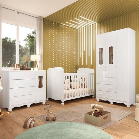 Quarto de Bebê Guarda-Roupa 3 Portas Cômoda e Berço 100% MDF Lana Espresso Móveis Branco Brilho