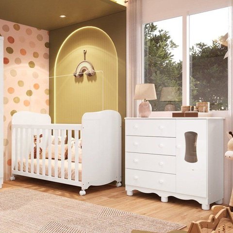 Quarto de Bebê Berço com Rodízios Cômoda 1 Porta Janelada 100% MDF Lana Espresso Móveis Branco