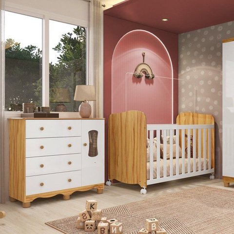 Quarto de Bebê Berço com Rodízios Cômoda 1 Porta 100% MDF Lana Espresso Móveis Branco/Amêndoa