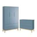 Ver imagem 1 de Jogo de Quarto Infantil Classic Guarda Roupa 3 Portas e Cômoda 6 Gavetas Azul Fosco com Pés Madeira