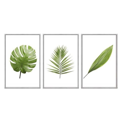 Kit 03 Quadros Decorativos - Folhas Tropicais Verde Claro Flnt008 - Tela Canvas - 40x60cm