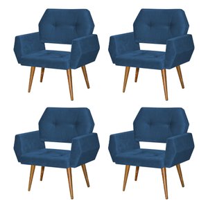 Kit 4 Poltronas Decorativa Breda Prime Veludo Azul Marinho Base Fixa em Madeira Maciça