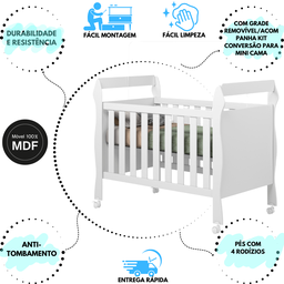 Berço Multifuncional Mini Cama com Colchão Grade Removível:branco - 3