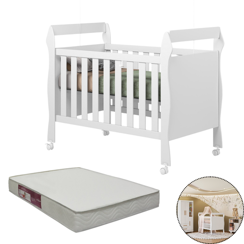 Berço Multifuncional Mini Cama com Colchão Grade Removível:branco
