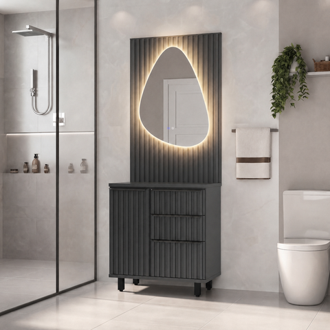 Conjunto para Banheiro Cecília com Pés 80 Espelho Isis LED Painel Ripado sem Cuba Fabribam Chumbo