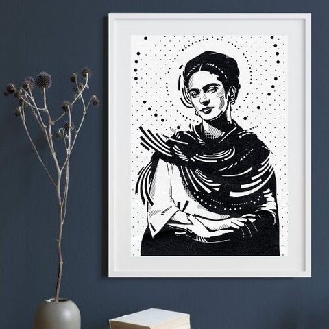 Quadro Frida Kahlo Minimalista 60x48cm:madeira Preta