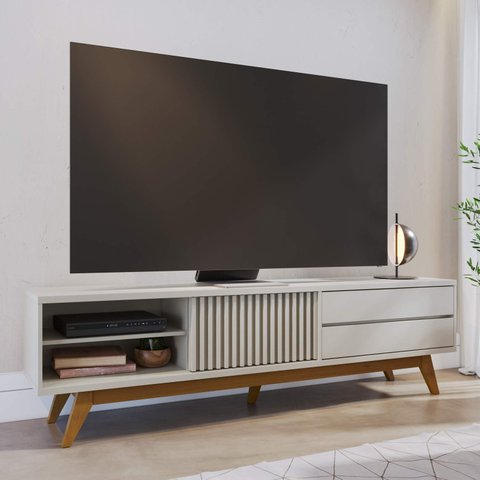 Rack Veneza 200cm P/tv até 75 Polegadas 1p Deslizante C/detalhe Ripado e Pés em Madeira Maciça Colib