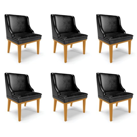 Kit 6 Cadeiras Decorativas Sala de Jantar Base Fixa de Madeira Firenze PU Preto Brilho/Castanho G19 