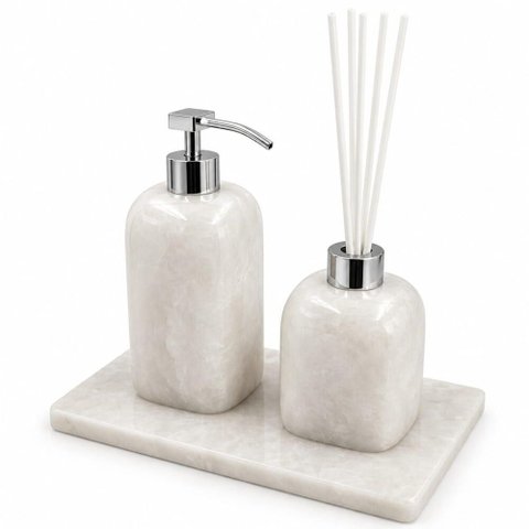 Conjunto 3 Pçs Quartzo Branco pol - Metal Cromado (Bandeja|Saboneteira|Difusor)