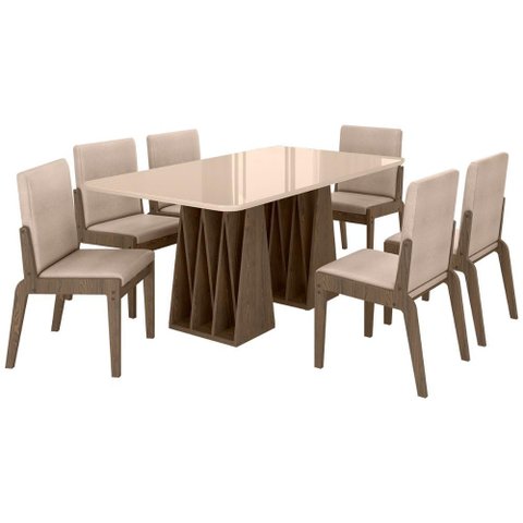 Kit Mesa de Jantar Orquestra com 6 Cadeira Sinfonia em Linho Carvalho/fendi/creme