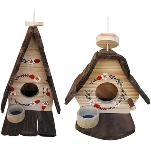 Kit Casinha e Chalé de Passarinho com Comedouro Feitos de Madeira- Decoração