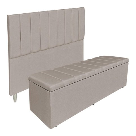 Kit Cabeceira e Calçadeira Recamier Baú King 1,95m Holanda Linho Cappuccino - Pallazio